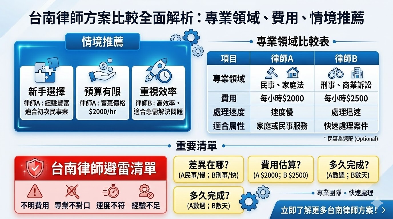 如果您正在尋找專業的律師來處理法律事務,了解台南律師的專業領域、費用結構和服務品質將幫助您做出更明智的選擇。台南律師提供各類法律服務,包括民事訴訟、家庭法、刑事辯護等,無論是需要法律諮詢還是代表您處理案件,選擇合適的律師將大大提升案件的處理效率和成功率。